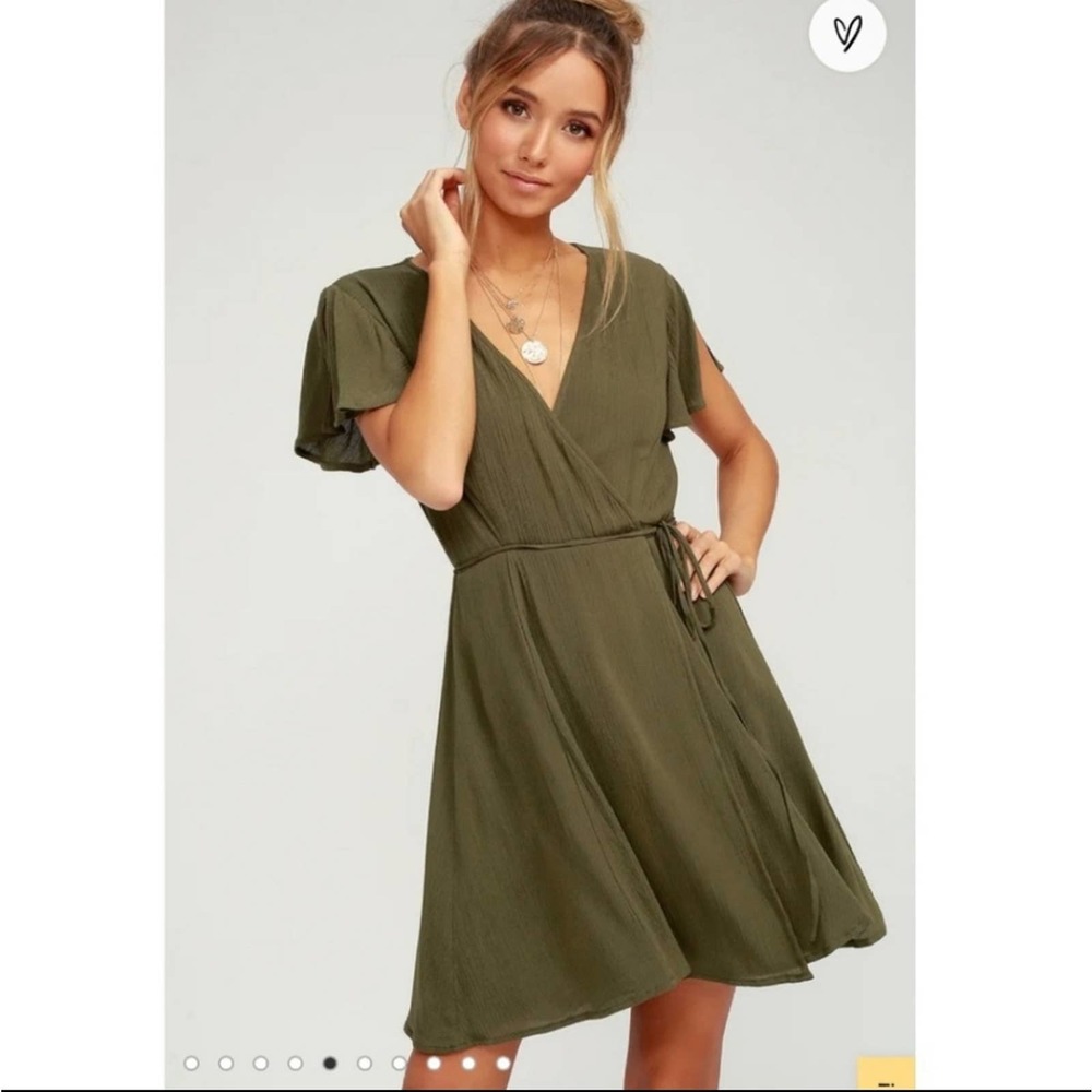 Lulu's Small olive green wrap dress flutter tulip sleeves short sleeve v-neck